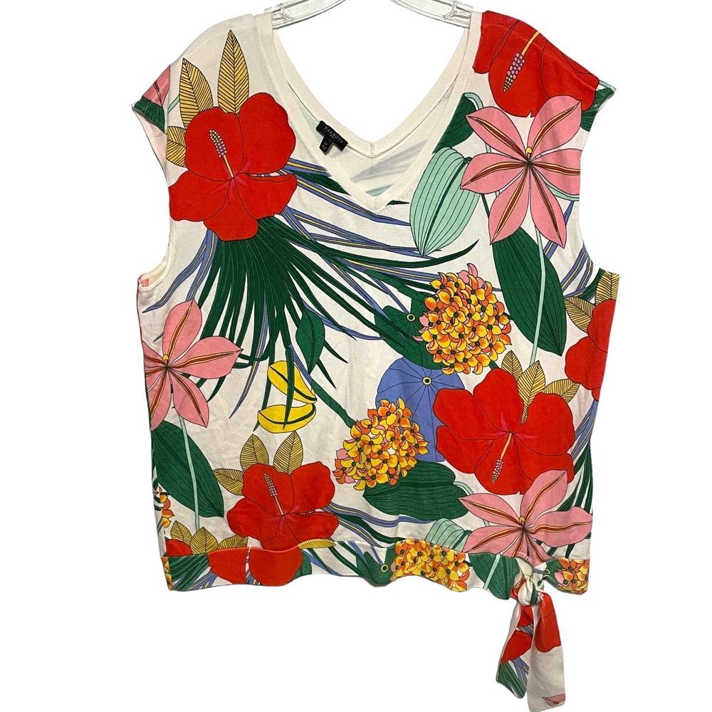 Talbots Plus Colorful Tropical Top Womens Size 2X V-Neck Tie Hem Casual Tee - Picture 2 of 11